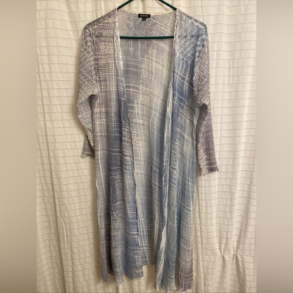 Komarov Cardigan Medium Women White Blue Grey 3/4 Sleeve Lightweight Sheer